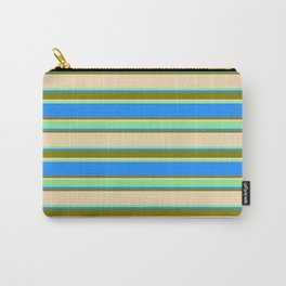 [ Thumbnail: Tan, Light Green, Blue, and Green Colored Lined/Striped Pattern Carry-All Pouch ]