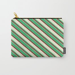 [ Thumbnail: Sea Green, Dark Red, and Beige Colored Lined Pattern Carry-All Pouch ]