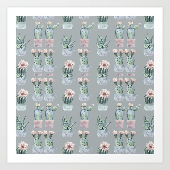 Potted Cactus Plants Gray Art Print