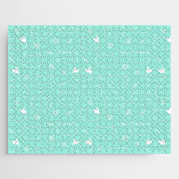 Seafoam and White Doodle Kitten Faces Pattern Jigsaw Puzzle
