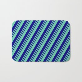 [ Thumbnail: Aquamarine and Blue Colored Lined Pattern Bath Mat ]