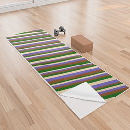 [ Thumbnail: Beige, Slate Blue, Brown, and Dark Green Colored Lines/Stripes Pattern Yoga Towel ]