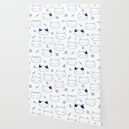 Blue Doodle Kitten Faces Pattern Wallpaper