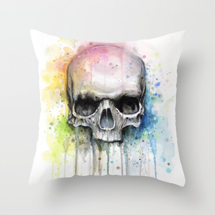 Skull Rainbow Watercolor Throw Pillow