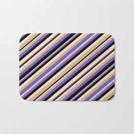 [ Thumbnail: Tan, Slate Blue, Black, and Beige Colored Stripes/Lines Pattern Bath Mat ]