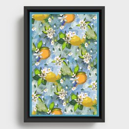 Summer Citrus Abstract Blue Watercolor  Framed Canvas