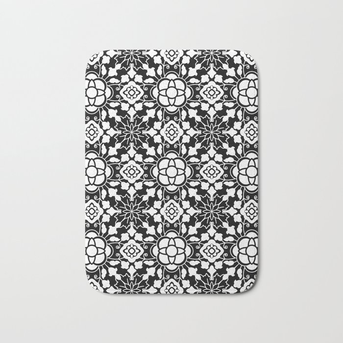 Floral Moroccan Tile, Black and White Bath Mat