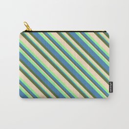 [ Thumbnail: Green, Blue, Dark Olive Green, and Bisque Colored Striped/Lined Pattern Carry-All Pouch ]