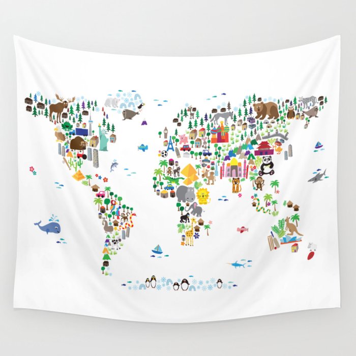 Animal Map of the World for children and kids Wall Tapestry by