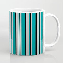 [ Thumbnail: Grey, Dark Cyan & Black Colored Lined Pattern Coffee Mug ]