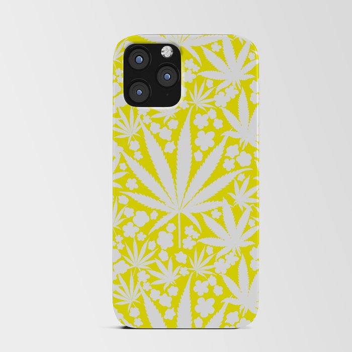 Cannabis Leaves And Spring Flowers White Silhouette On Bight Sunny Yellow Retro Modern Repeat Ditzy iPhone Card Case
