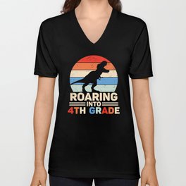 Roaring Into 4th Grade Vintage Dinosaur V Neck T Shirt