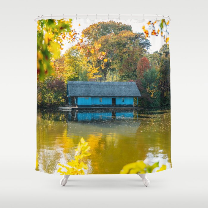 Home Sweet Home Lake House Fall Landscape Lonely Home Colorful Trees Autumn Season Wall Art Shower Curtain