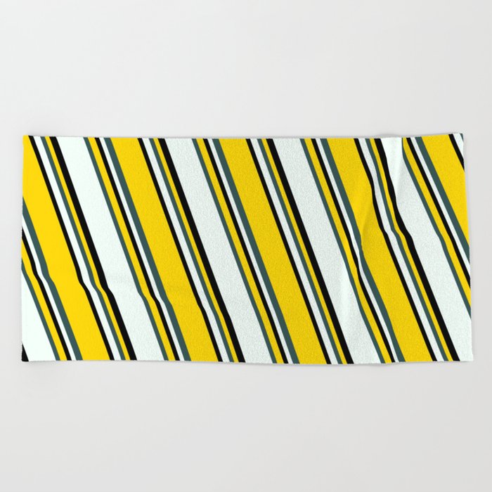 Yellow, Dark Slate Gray, Mint Cream & Black Colored Stripes/Lines Pattern Beach Towel