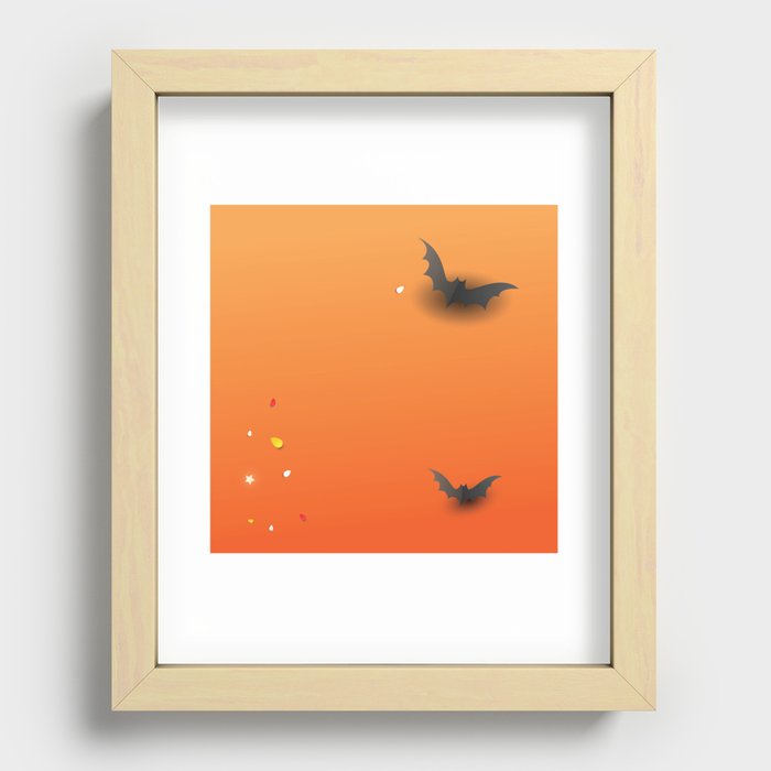 Creative elements  for halloween celebration. Top view pumpkins, candy and confetti Recessed Framed Print