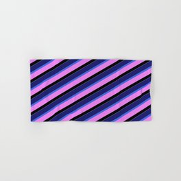 [ Thumbnail: Vibrant Midnight Blue, Royal Blue, Violet, Black, and White Colored Pattern of Stripes Hand & Bath Towel ]