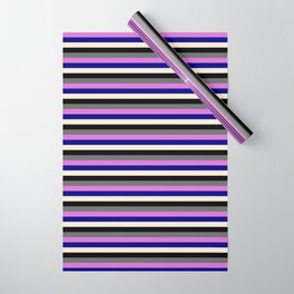 [ Thumbnail: Vibrant Dim Gray, Orchid, Blue, Beige, and Black Colored Stripes/Lines Pattern Wrapping Paper ]