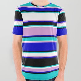 [ Thumbnail: Eye-catching Dark Turquoise, White, Plum, Blue & Black Colored Lined/Striped Pattern All Over Graphic Tee ]
