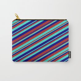 [ Thumbnail: Blue, Red & Turquoise Colored Stripes Pattern Carry-All Pouch ]
