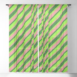 [ Thumbnail: Dark Green, Green & Light Coral Colored Striped Pattern Sheer Curtain ]