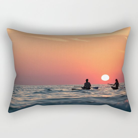 man woman boat rowing in sea Rectangular Pillow
