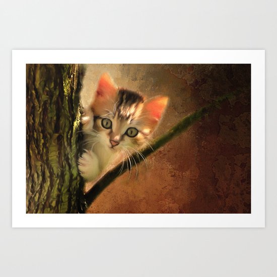 Little cute kitten on a tree Art Print