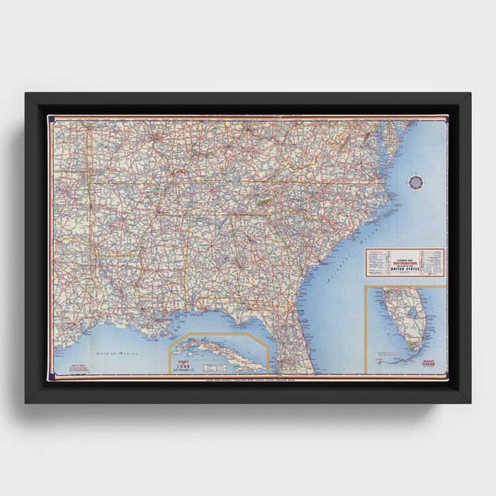 Highway Map Southeastern Section - Highway Map Southeastern Section Of The United States Vintage Illustrated Map Framed Canvas