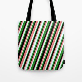 [ Thumbnail: Forest Green, Black, Light Coral & Light Cyan Colored Stripes/Lines Pattern Tote Bag ]