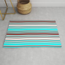 [ Thumbnail: Cyan, White, and Brown Colored Lines/Stripes Pattern Rug ]