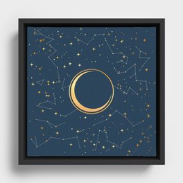 Navy and Gold Crescent Moon Eclipse Constellations Framed Canvas