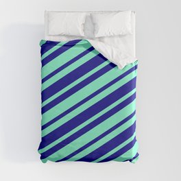 [ Thumbnail: Dark Blue and Aquamarine Colored Stripes/Lines Pattern Duvet Cover ]