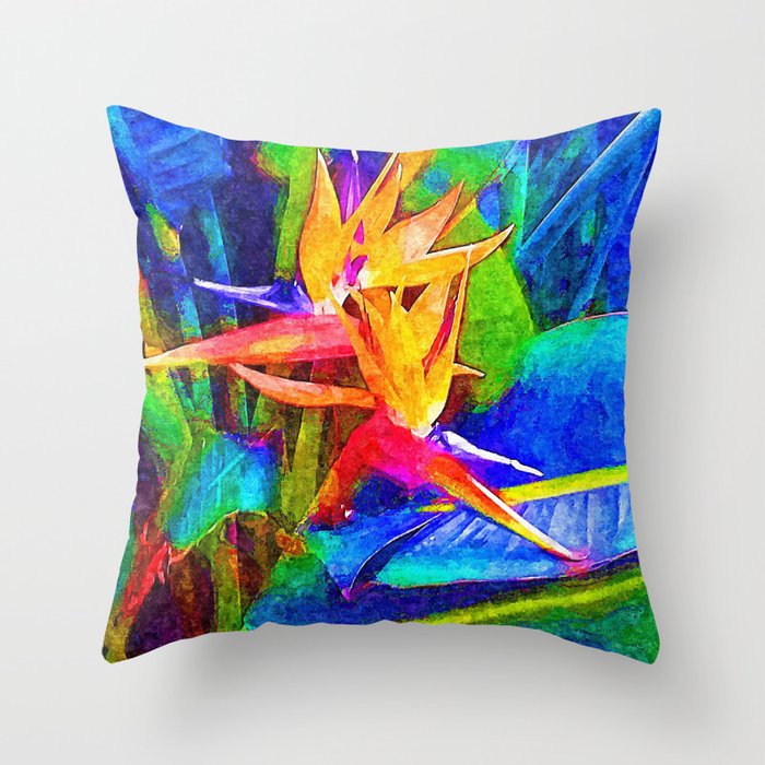 Bird of paradise flowers Colorful Painting Throw Pillow