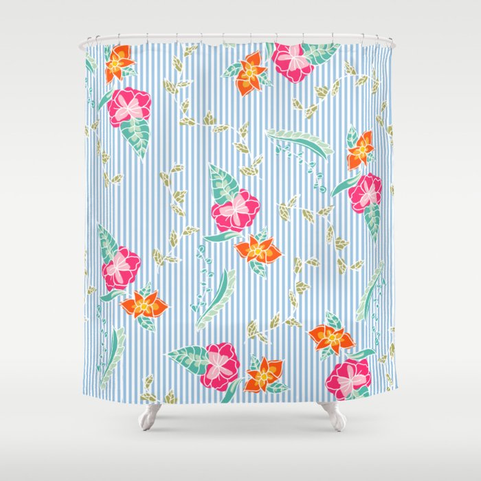 Modern Trendy Baby Blue Stripes Tropical Bright Fl Pattern Shower Curtain By Girly Trend Audrey Chenal Society6 Modern Trendy Baby Blue Stripes, Bright Patterned Shower Curtains