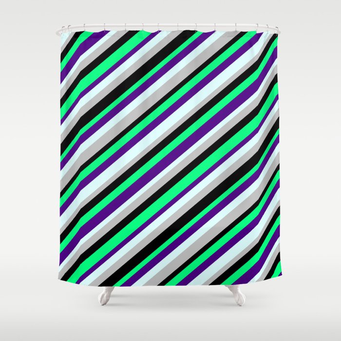 Green, Indigo, Light Cyan, Grey, and Black Colored Lines Pattern Shower Curtain