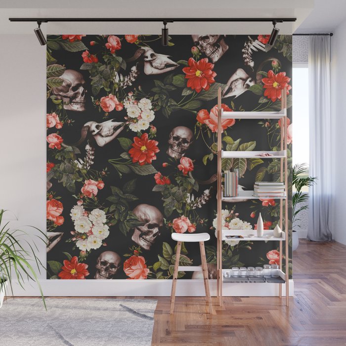 Floral and Skull Pattern Wall Mural