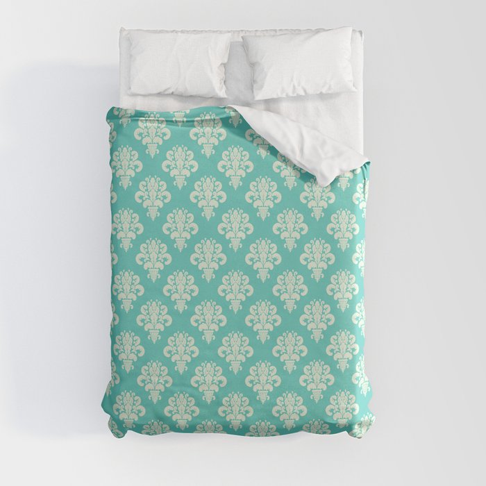 Damask Cyan Floral Victorian Ornamental Pattern Duvet Cover