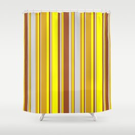 [ Thumbnail: Goldenrod, Light Gray, Sienna, and Yellow Colored Stripes Pattern Shower Curtain ]