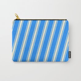 [ Thumbnail: Blue and Beige Colored Striped/Lined Pattern Carry-All Pouch ]
