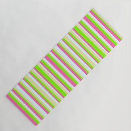 [ Thumbnail: Green, Pale Goldenrod, Light Cyan, and Hot Pink Colored Lined/Striped Pattern Yoga Mat ]
