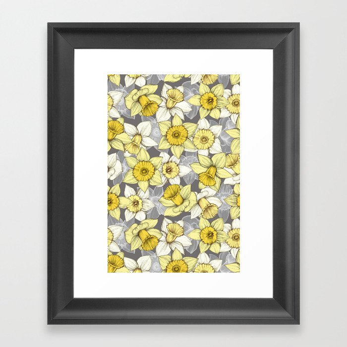 Daffodil Daze - yellow & grey daffodil illustration pattern Framed Art Print