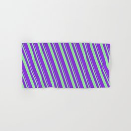 [ Thumbnail: Light Green and Purple Colored Lines Pattern Hand & Bath Towel ]