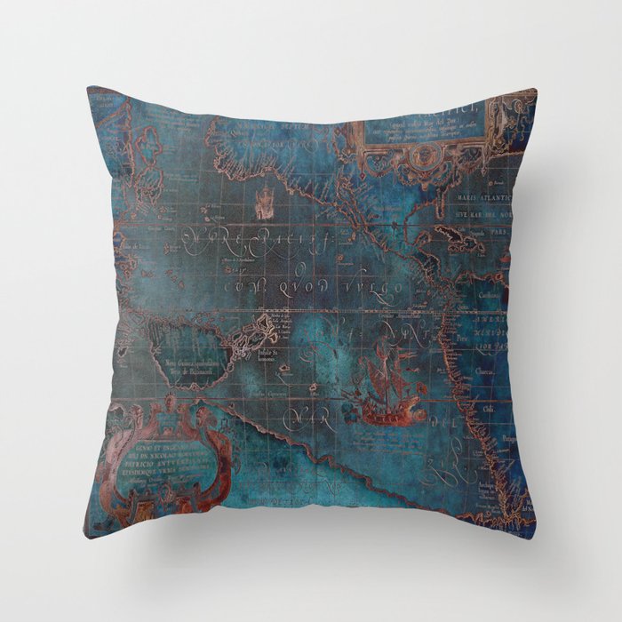 Antique Map Teal Blue and Copper Throw Pillow