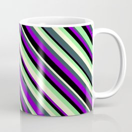 [ Thumbnail: Light Green, Light Yellow, Dark Slate Gray, Dark Violet, and Black Colored Lines/Stripes Pattern Coffee Mug ]
