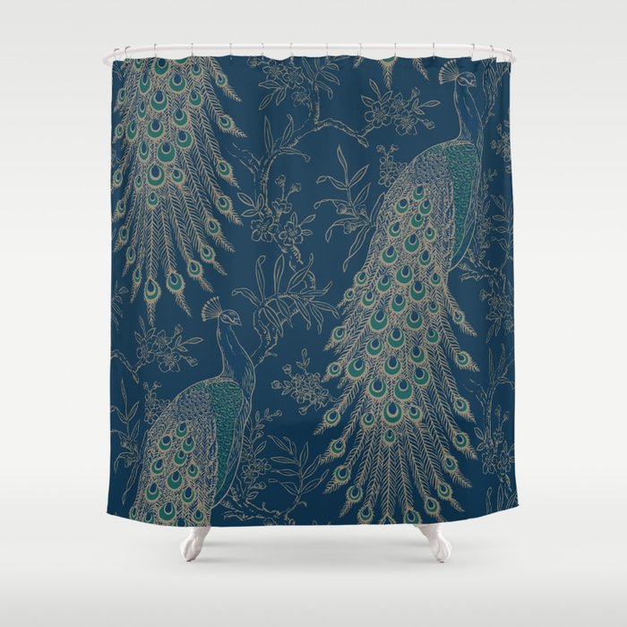 Peacock navy gold Shower Curtain