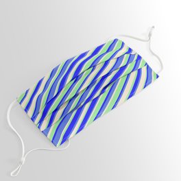 [ Thumbnail: Light Green, Blue, Royal Blue & Beige Colored Striped/Lined Pattern Face Mask ]