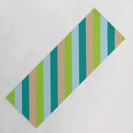 [ Thumbnail: Tan, Green, Light Blue, and Dark Cyan Colored Stripes Pattern Yoga Mat ]