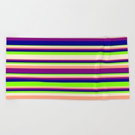 [ Thumbnail: Vibrant Chartreuse, Beige, Light Salmon, Purple & Dark Blue Colored Lines/Stripes Pattern Beach Towel ]