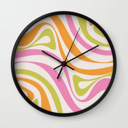 New Groove Trippy Retro 60s 70s Colorful Swirl Abstract Pattern Pink Lime Green Orange Wall Clock