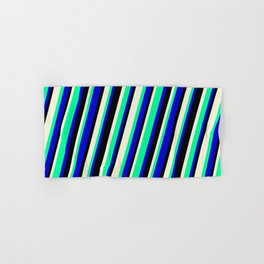 [ Thumbnail: Beige, Green, Blue, and Black Colored Striped/Lined Pattern Hand & Bath Towel ]