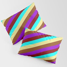 [ Thumbnail: Vibrant Maroon, Aqua, Tan, Brown, and Dark Violet Colored Pattern of Stripes Pillow Sham ]